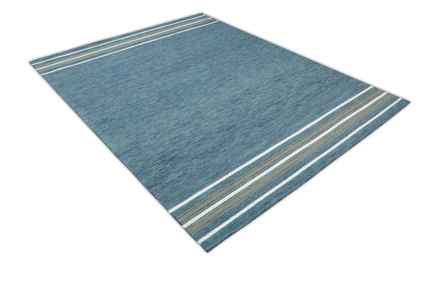 Alfombra moderna de lana azul lisa, hecha a mano, de 5x8 y 8x10 | NAU004