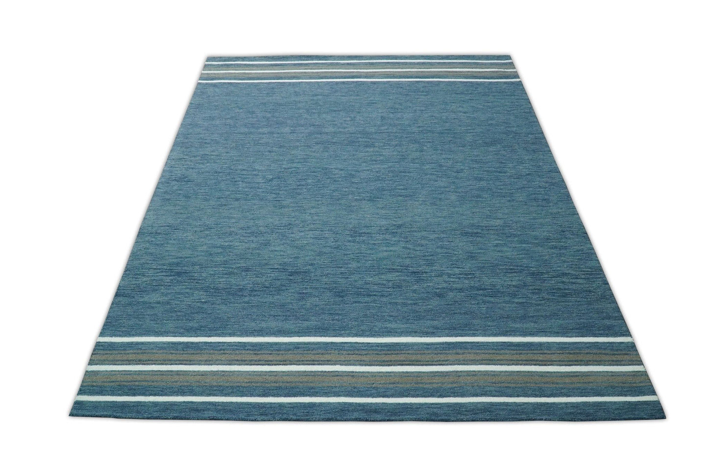 Alfombra moderna de lana azul lisa, hecha a mano, de 5x8 y 8x10 | NAU004