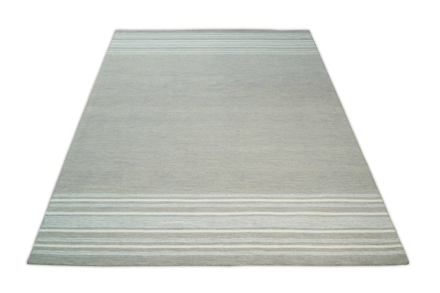 Alfombra de lana moderna de rayas marfil y gris, hecha a mano, de 5x8 y 8x10 | NAU003
