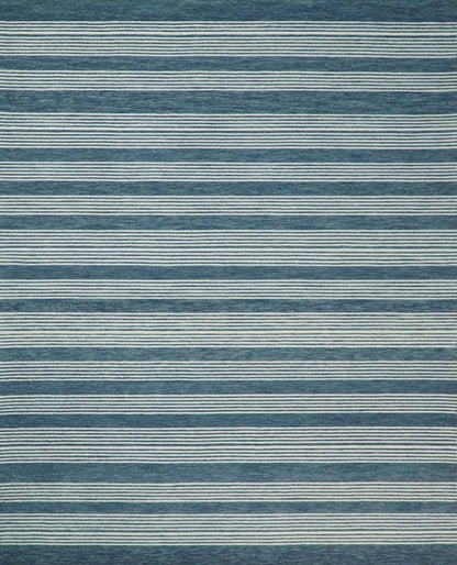 Alfombra moderna de lana a rayas blancas y azules, hecha a mano, de 5x8 y 8x10 | NAU002