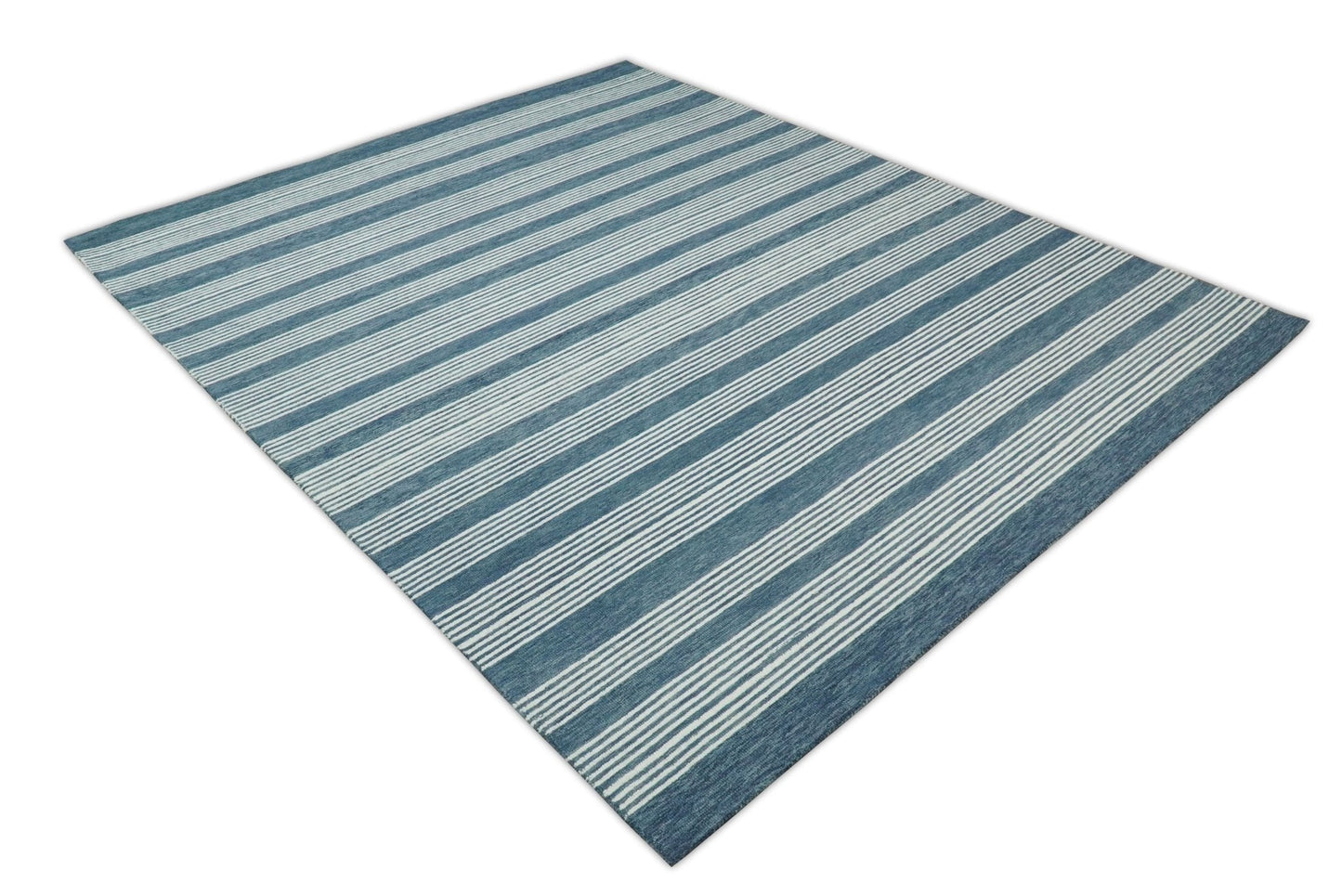 Alfombra moderna de lana a rayas blancas y azules, hecha a mano, de 5x8 y 8x10 | NAU002