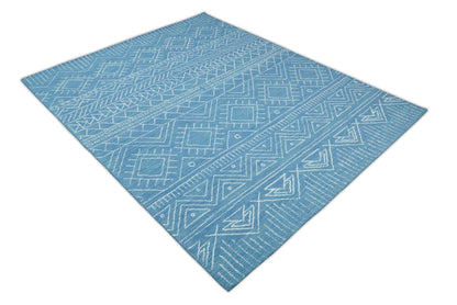 Alfombra tribal de lana azul lisa, hecha a mano, de 5x8 y 8x10 | AZT002