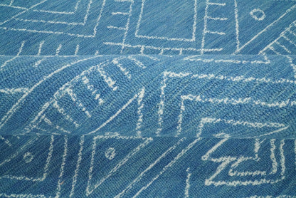 Alfombra tribal de lana azul lisa, hecha a mano, de 5x8 y 8x10 | AZT002