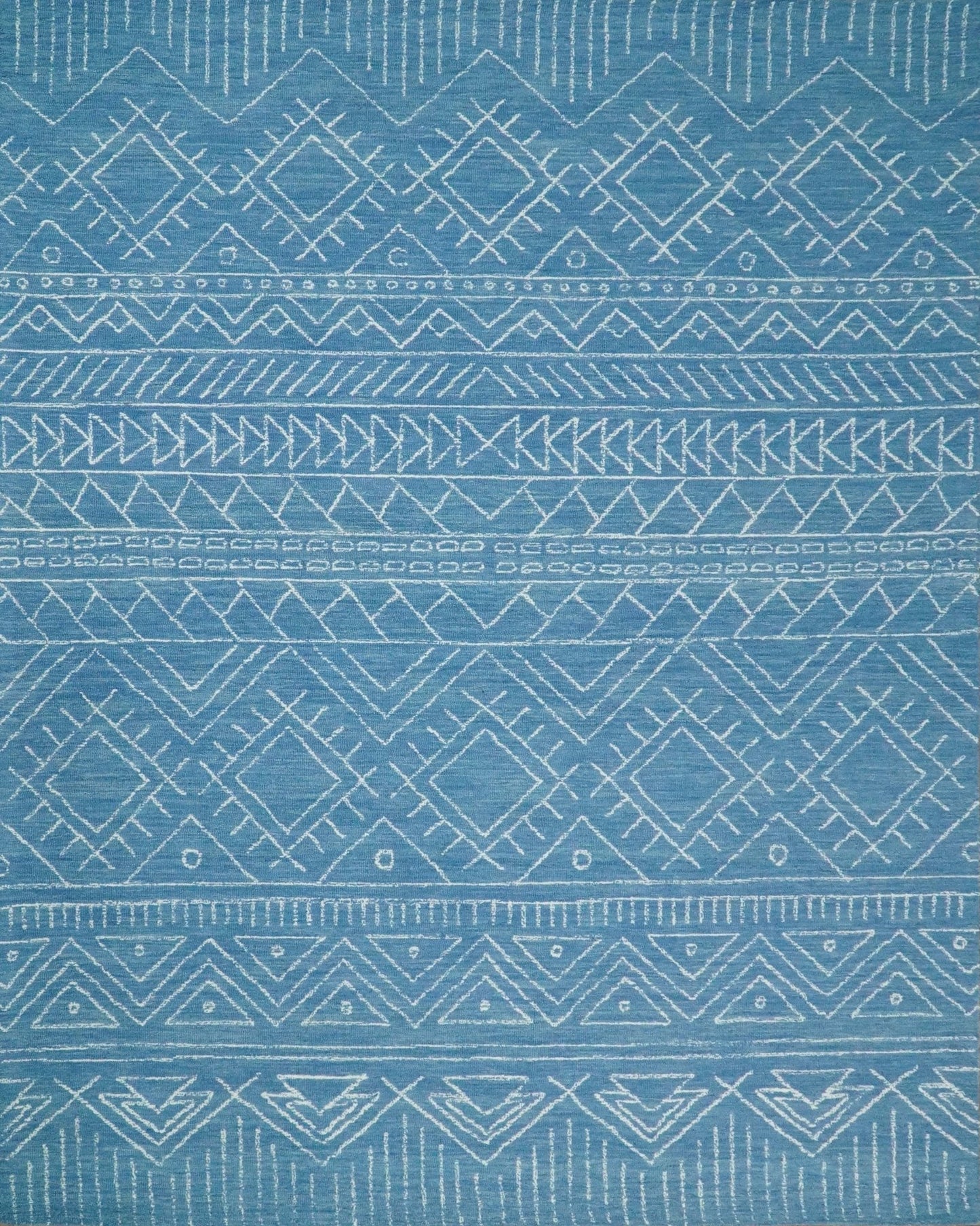 Alfombra tribal de lana azul lisa, hecha a mano, de 5x8 y 8x10 | AZT002