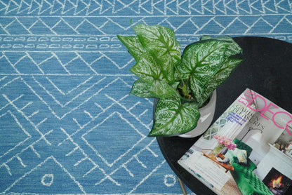 Alfombra tribal de lana azul lisa, hecha a mano, de 5x8 y 8x10 | AZT002
