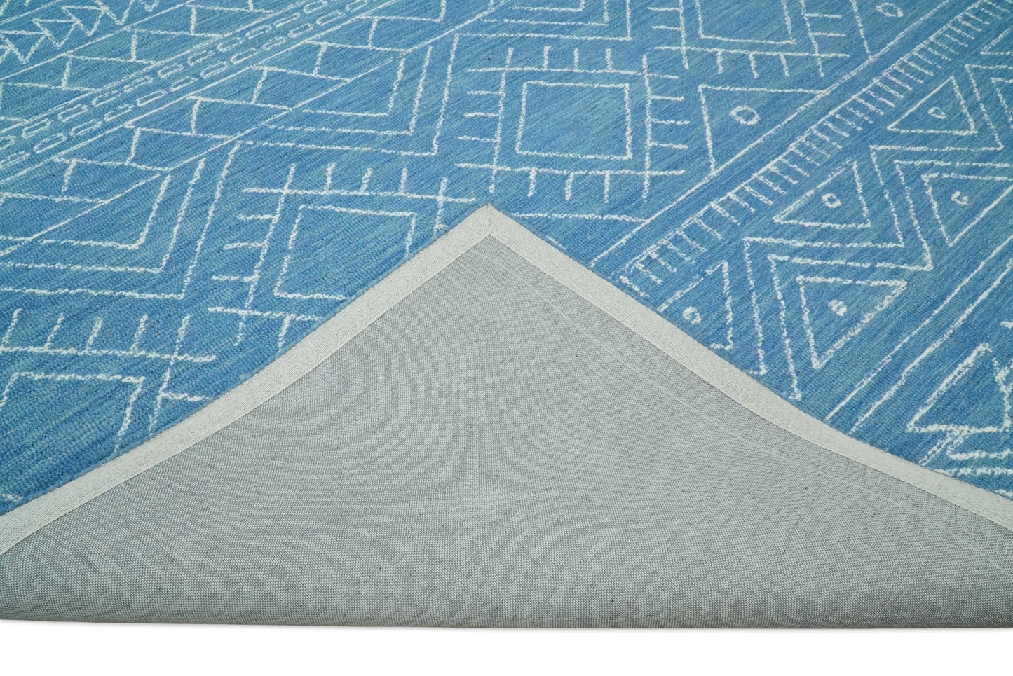 Alfombra tribal de lana azul lisa, hecha a mano, de 5x8 y 8x10 | AZT002