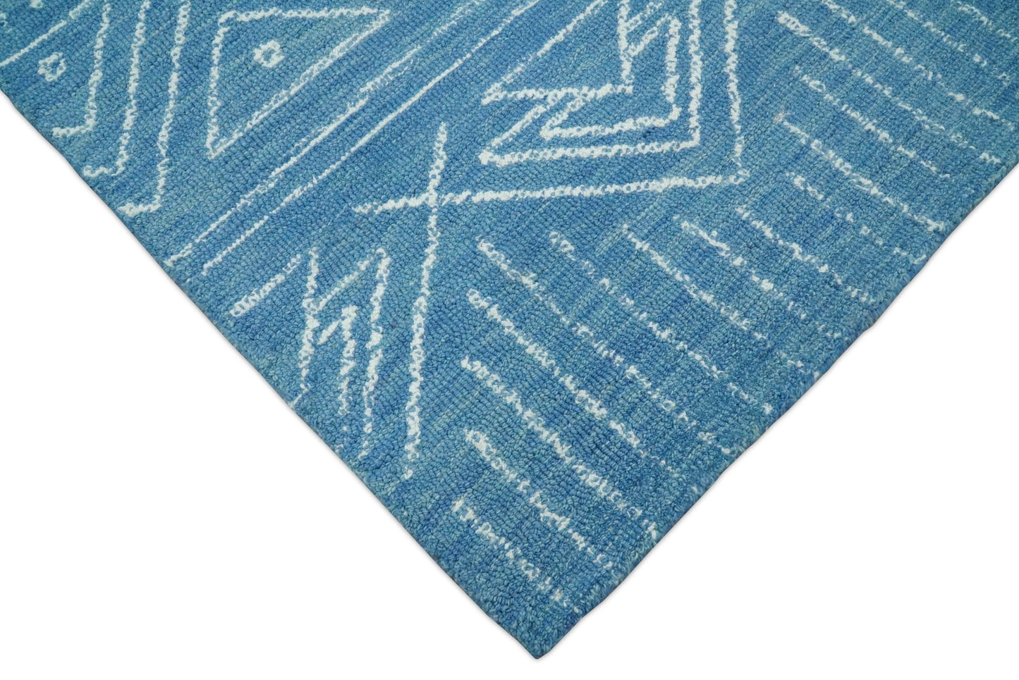 Alfombra tribal de lana azul lisa, hecha a mano, de 5x8 y 8x10 | AZT002