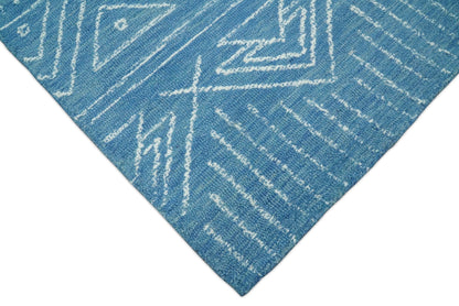 Alfombra tribal de lana azul lisa, hecha a mano, de 5x8 y 8x10 | AZT002