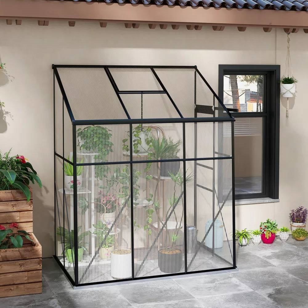 6.3 ft x 4.1 ft Outdoor Polycarbonate Lean-to Greenhouse with Black Metal Frame - Tampa Home & Garden Store