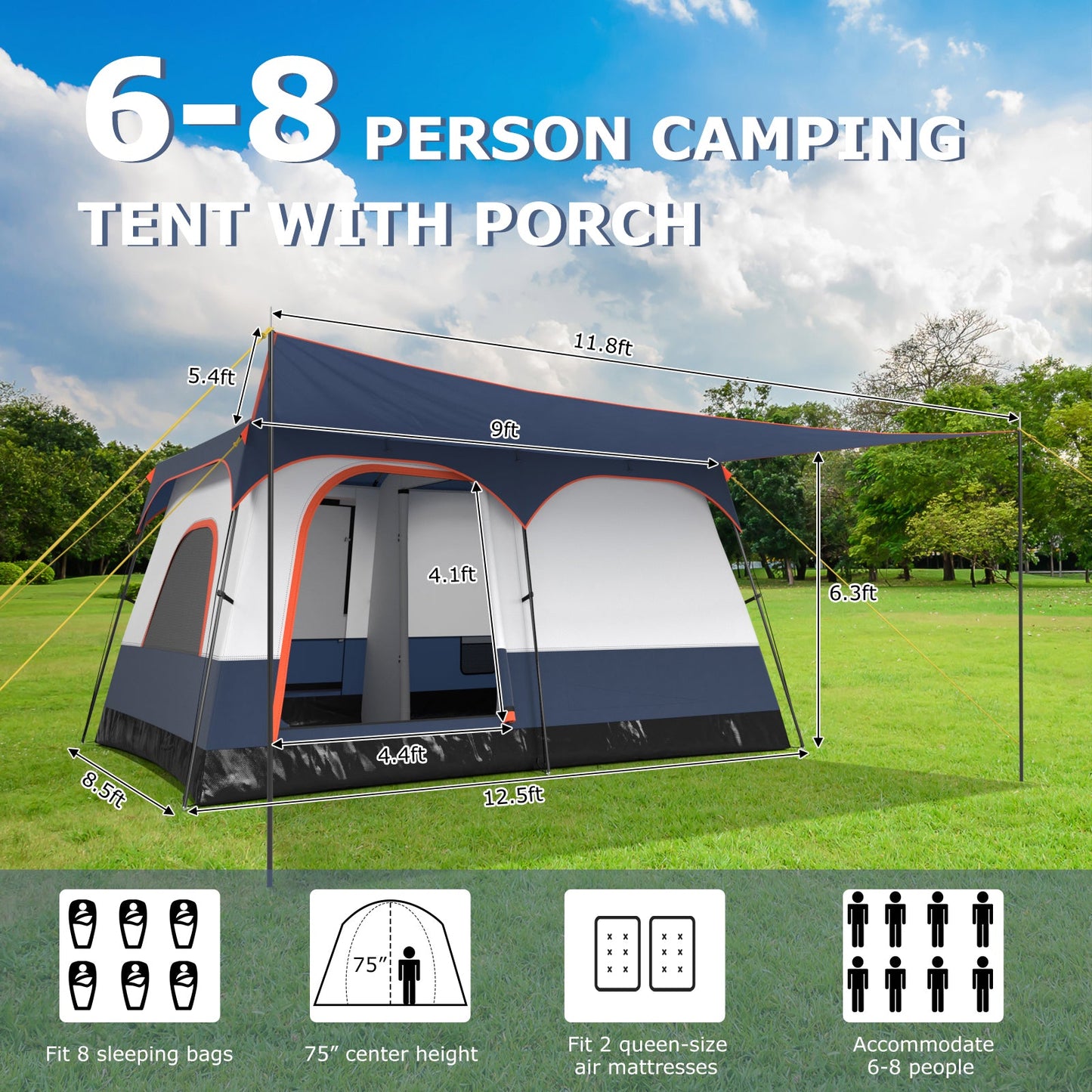 GemGear 6-8 person Vis-A-Vis tent with double rooms and 2 doors, porch on Tampa Home & Garden Store