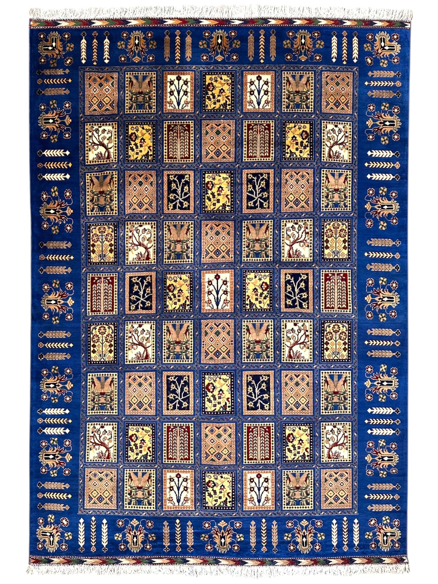 6'9″ x 10' Hand-Knotted Afghani Bakhtiari Wool Rug – Persian Garden Design – Blue & Cream - Tampa Home & Garden Store