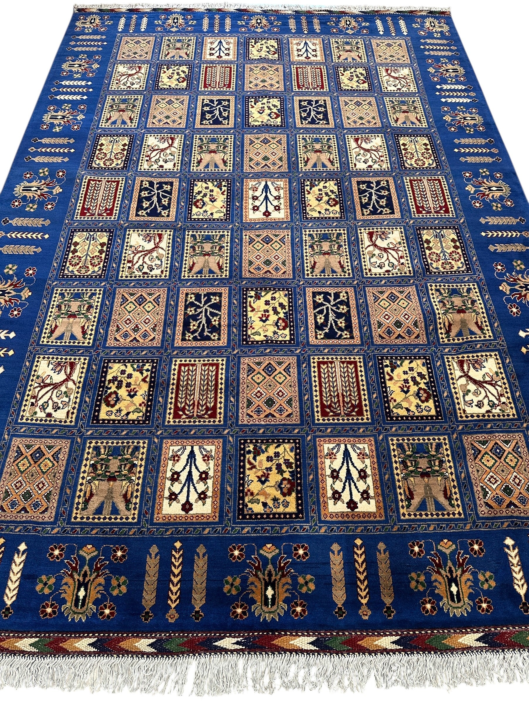 6'9″ x 10' Hand-Knotted Afghani Bakhtiari Wool Rug – Persian Garden Design – Blue & Cream - Tampa Home & Garden Store