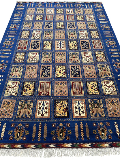 6'9″ x 10' Hand-Knotted Afghani Bakhtiari Wool Rug – Persian Garden Design – Blue & Cream - Tampa Home & Garden Store