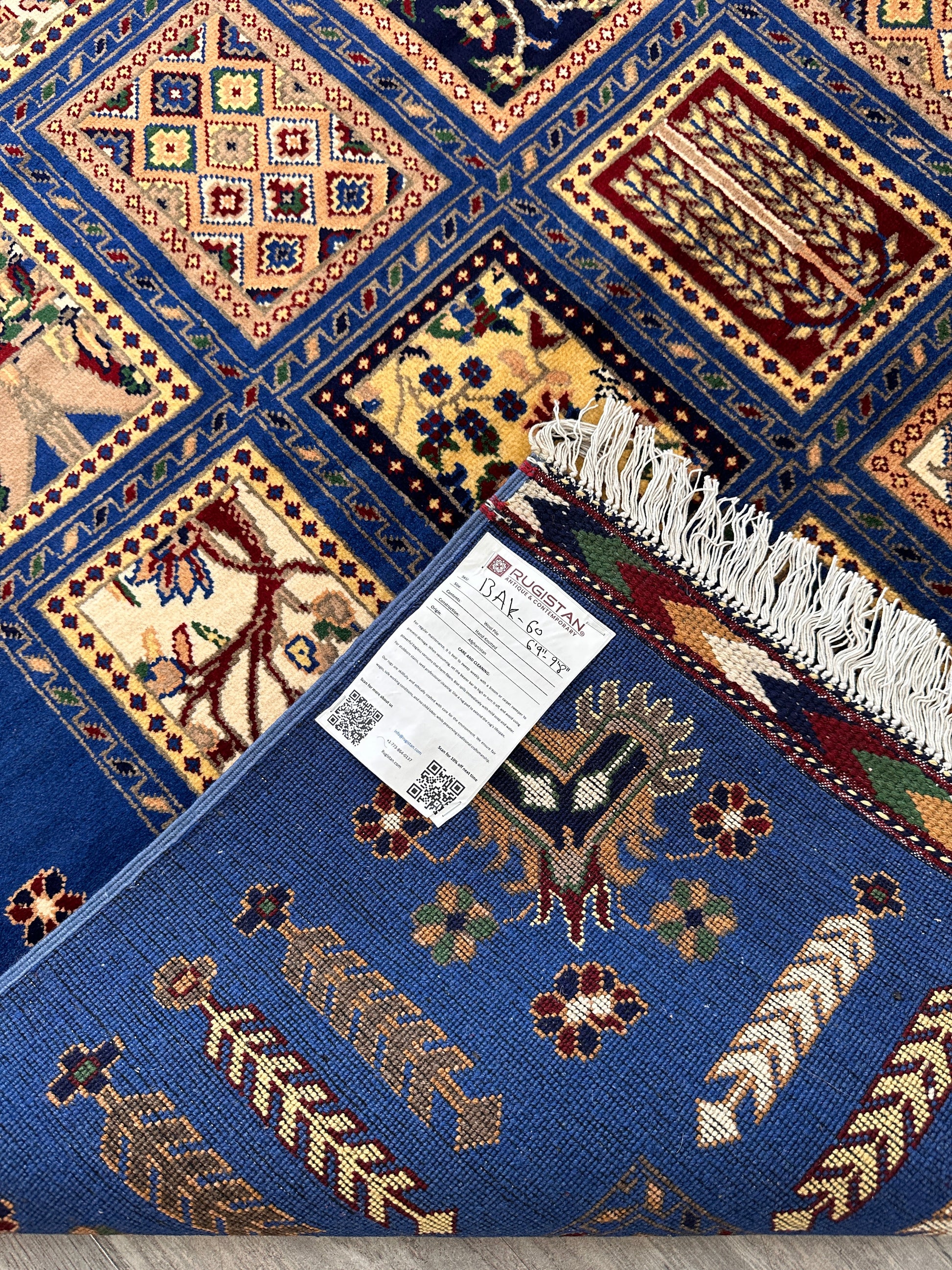 6'9″ x 10' Hand-Knotted Afghani Bakhtiari Wool Rug – Persian Garden Design – Blue & Cream - Tampa Home & Garden Store