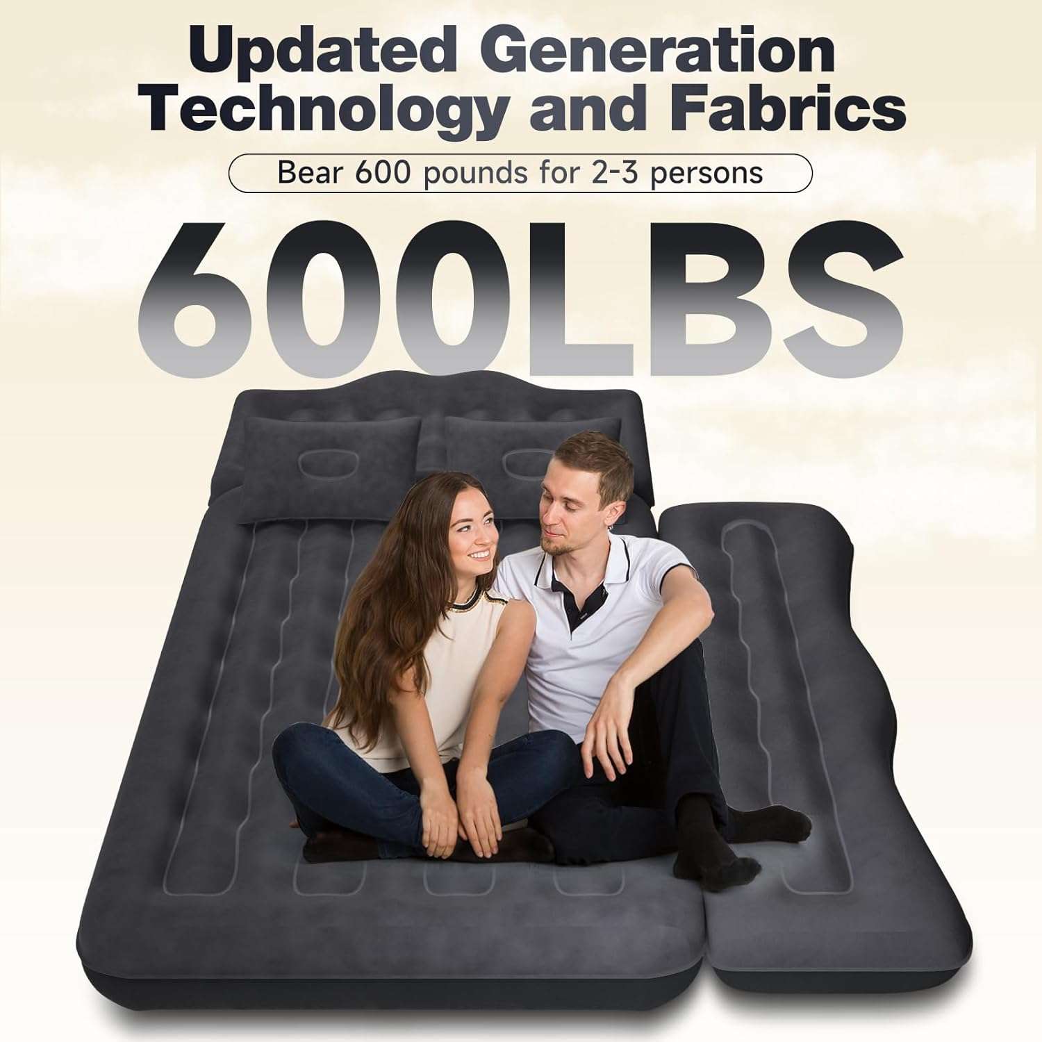Dikasun Outdoor backseat air mattress, black 24in width for SUV/car/truck, couple seated on it on Tampa Home & Garden Store