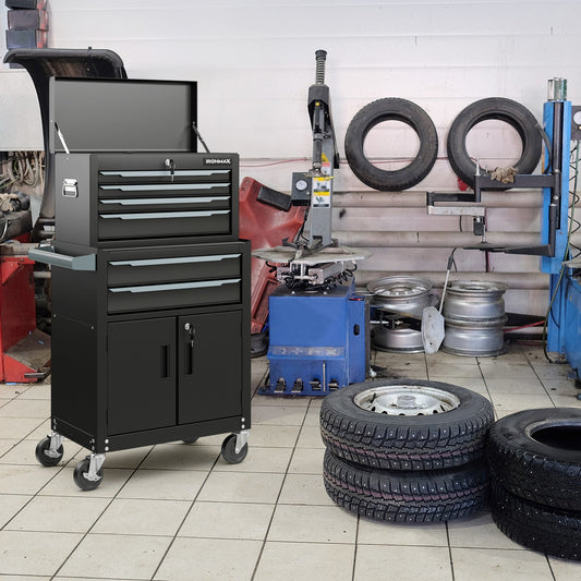 Gabinete con ruedas de 6 cajones para herramientas, con ruedas universales y ganchos - Negro