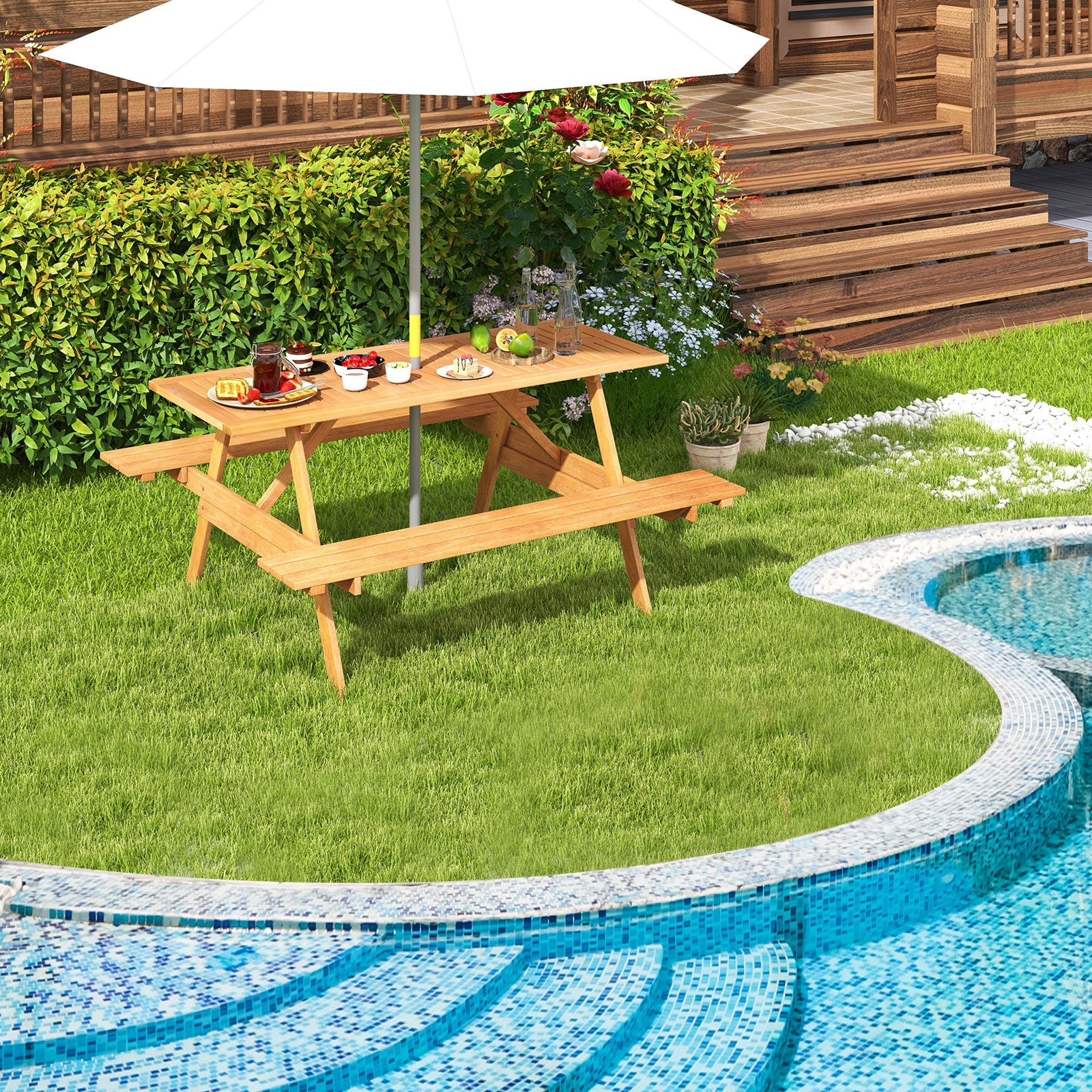 6 Person Picnic Table Set Patio Rectangle with 2 Built-in Benches and Umbrella Hole - Tampa Home & Garden Store
