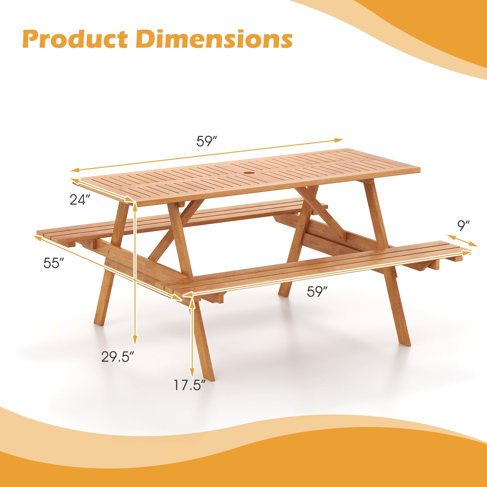 6 Person Picnic Table Set Patio Rectangle with 2 Built-in Benches and Umbrella Hole - Tampa Home & Garden Store
