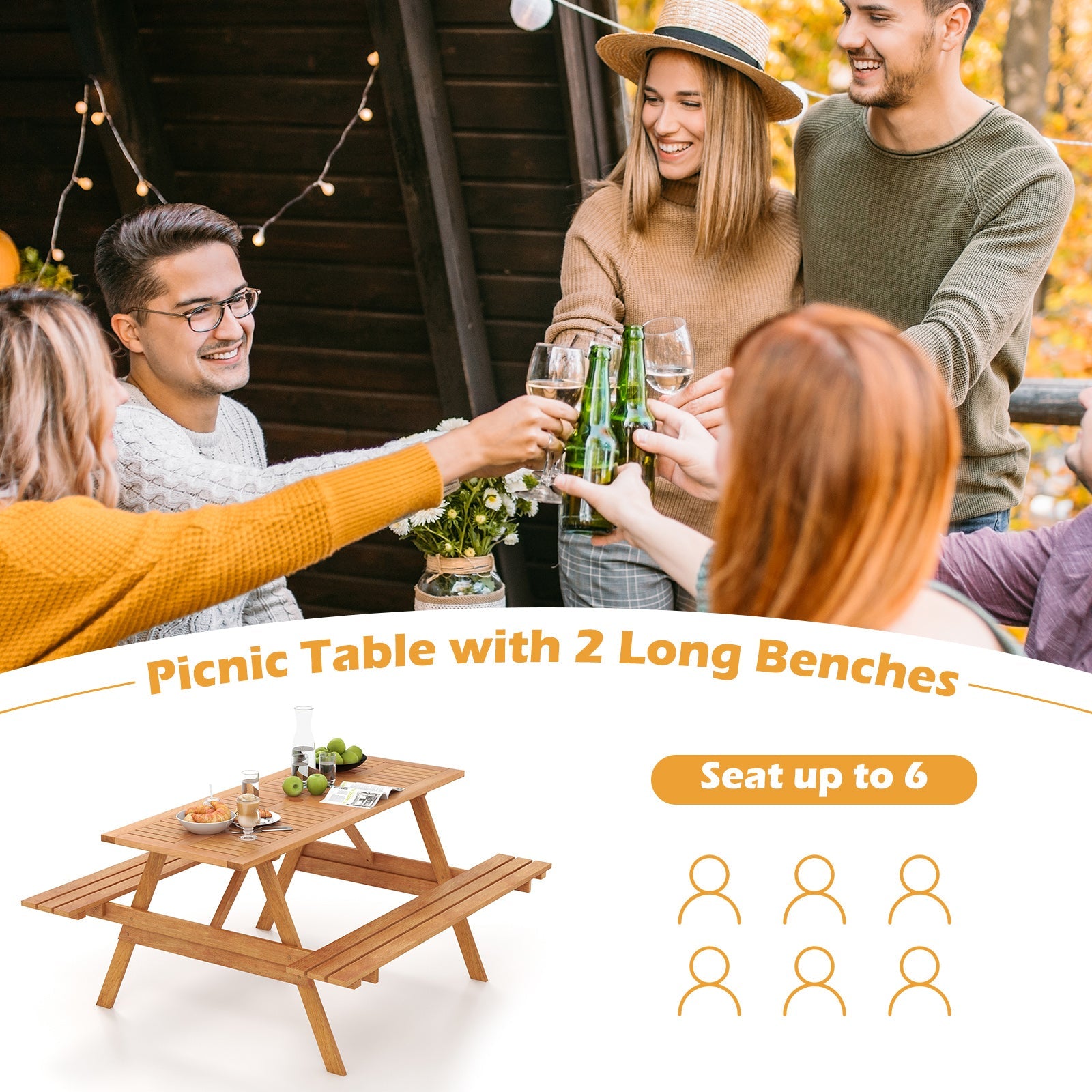 6 Person Picnic Table Set Patio Rectangle with 2 Built-in Benches and Umbrella Hole - Tampa Home & Garden Store