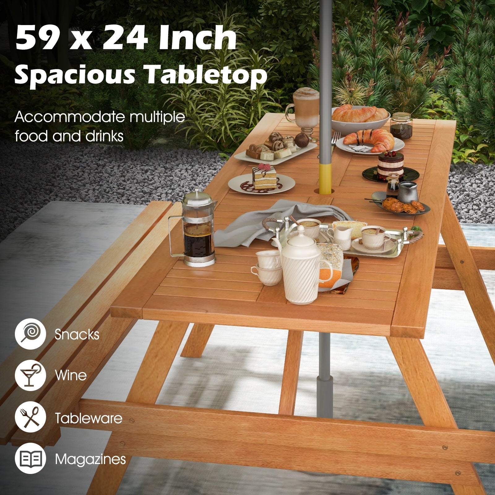 6 Person Picnic Table Set Patio Rectangle with 2 Built-in Benches and Umbrella Hole - Tampa Home & Garden Store