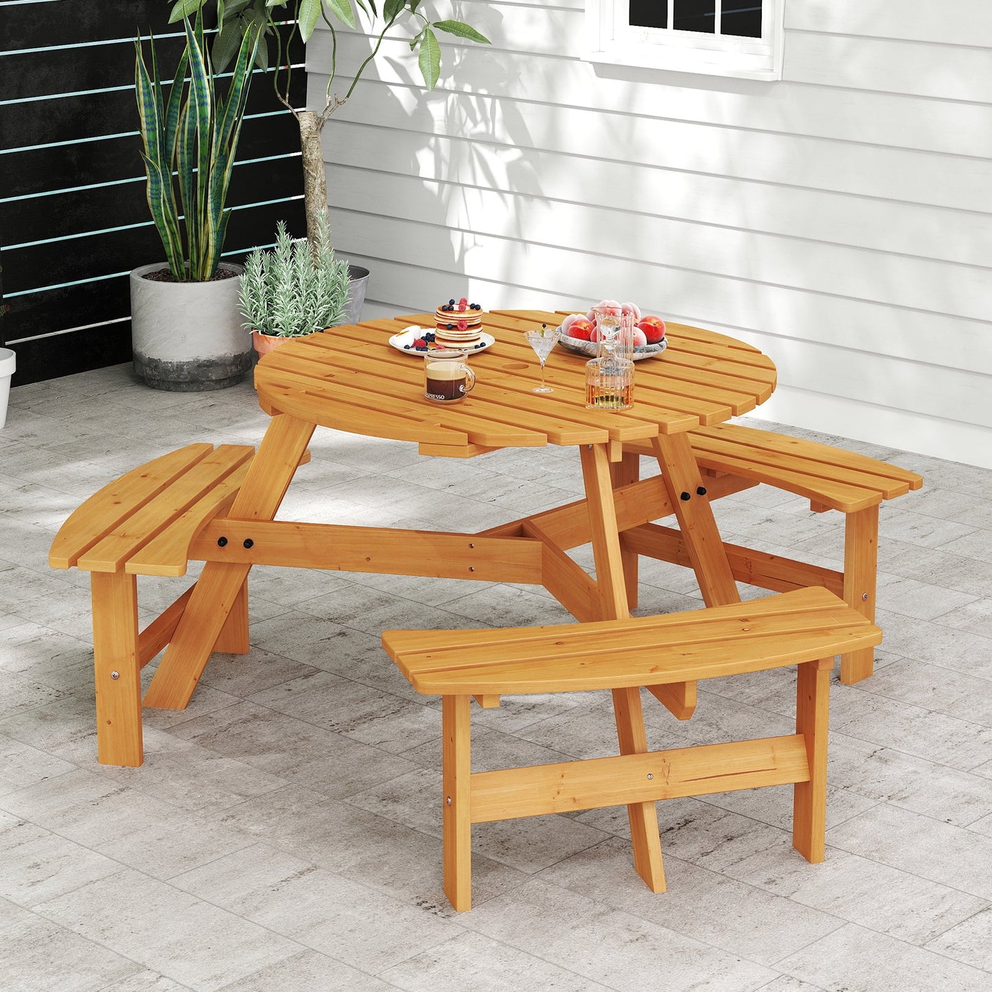 6-Person Round Picnic Table Set with 3 Built-in Benches and Umbrella Hole-Yellow - Tampa Home & Garden Store