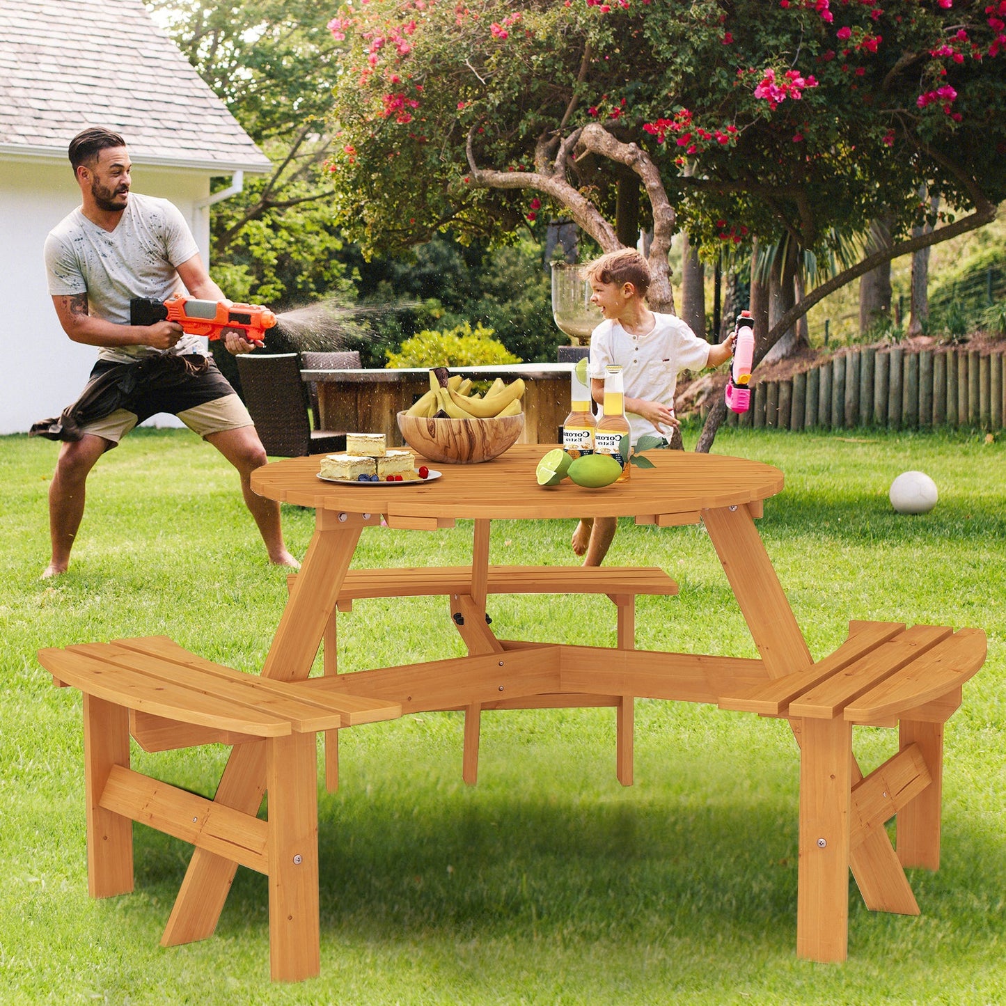 6-Person Round Picnic Table Set with 3 Built-in Benches and Umbrella Hole-Yellow - Tampa Home & Garden Store