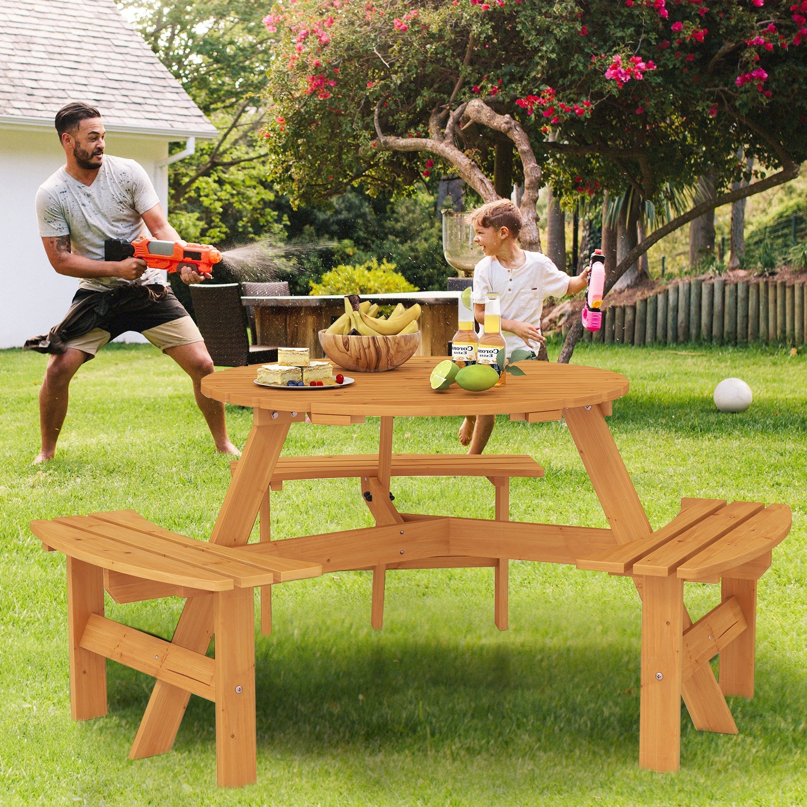 6-Person Round Picnic Table Set with 3 Built-in Benches and Umbrella Hole-Yellow - Tampa Home & Garden Store