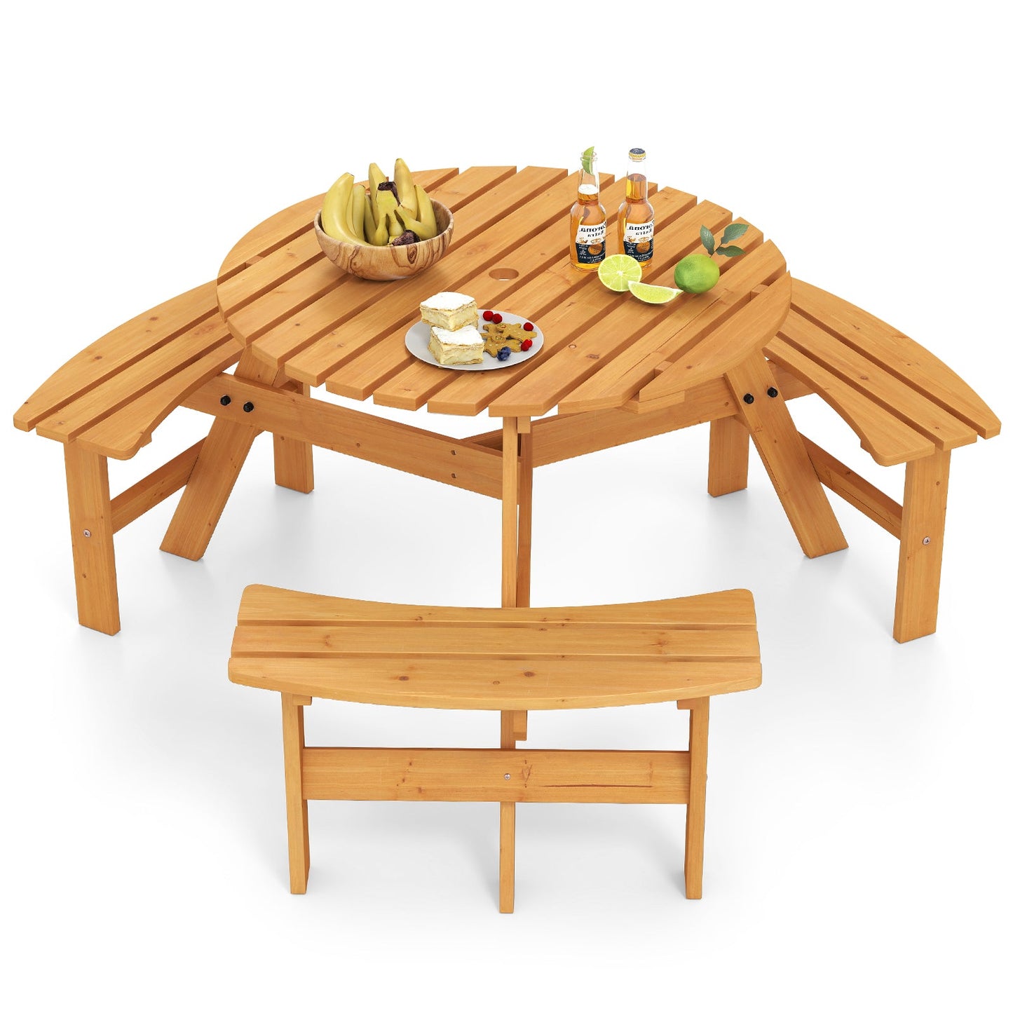 6-Person Round Picnic Table Set with 3 Built-in Benches and Umbrella Hole-Yellow - Tampa Home & Garden Store