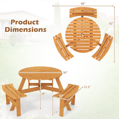 6-Person Round Picnic Table Set with 3 Built-in Benches and Umbrella Hole-Yellow - Tampa Home & Garden Store