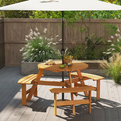 6-Person Round Picnic Table Set with 3 Built-in Benches and Umbrella Hole-Yellow - Tampa Home & Garden Store
