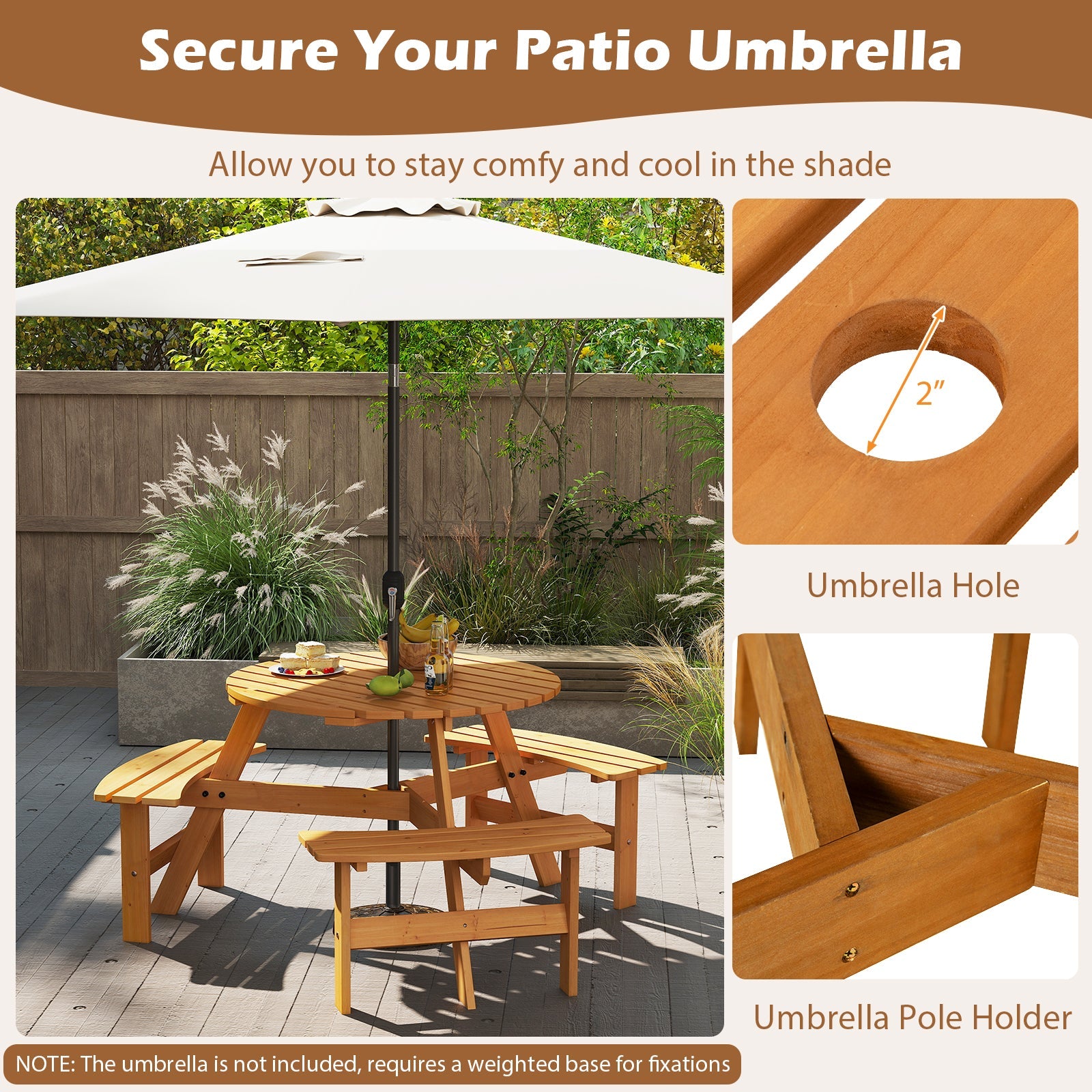 6-Person Round Picnic Table Set with 3 Built-in Benches and Umbrella Hole-Yellow - Tampa Home & Garden Store