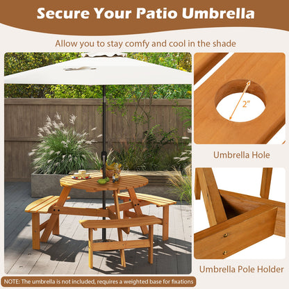 6-Person Round Picnic Table Set with 3 Built-in Benches and Umbrella Hole-Yellow - Tampa Home & Garden Store