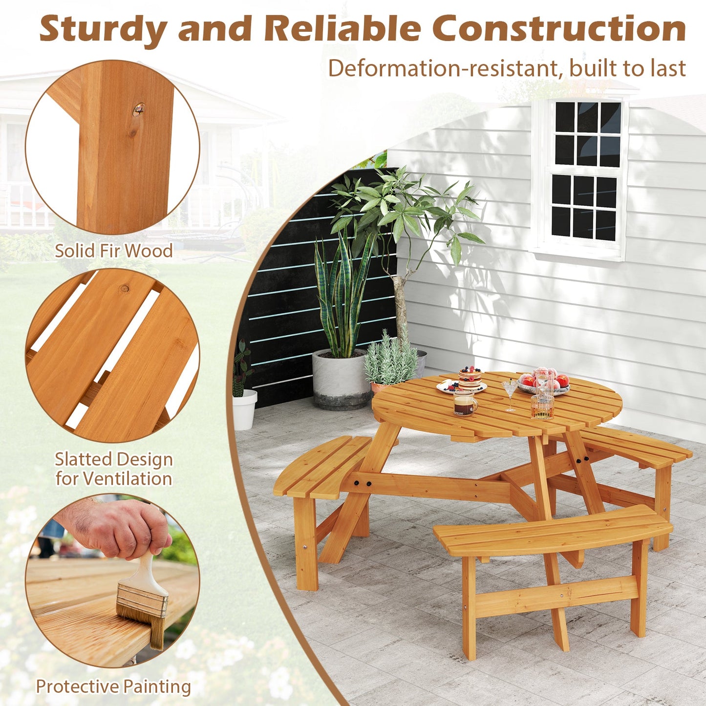 6-Person Round Picnic Table Set with 3 Built-in Benches and Umbrella Hole-Yellow - Tampa Home & Garden Store