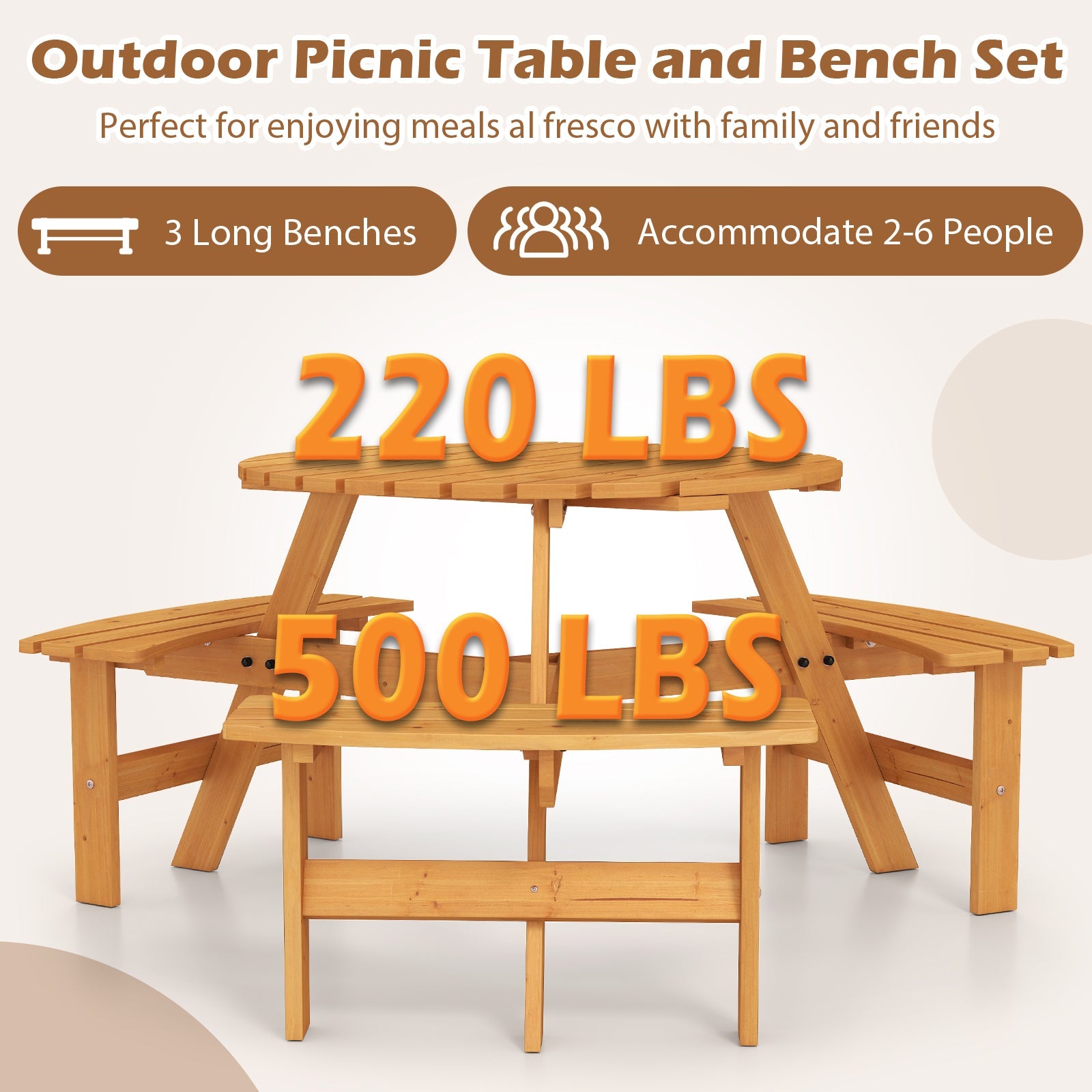 6-Person Round Picnic Table Set with 3 Built-in Benches and Umbrella Hole-Yellow - Tampa Home & Garden Store