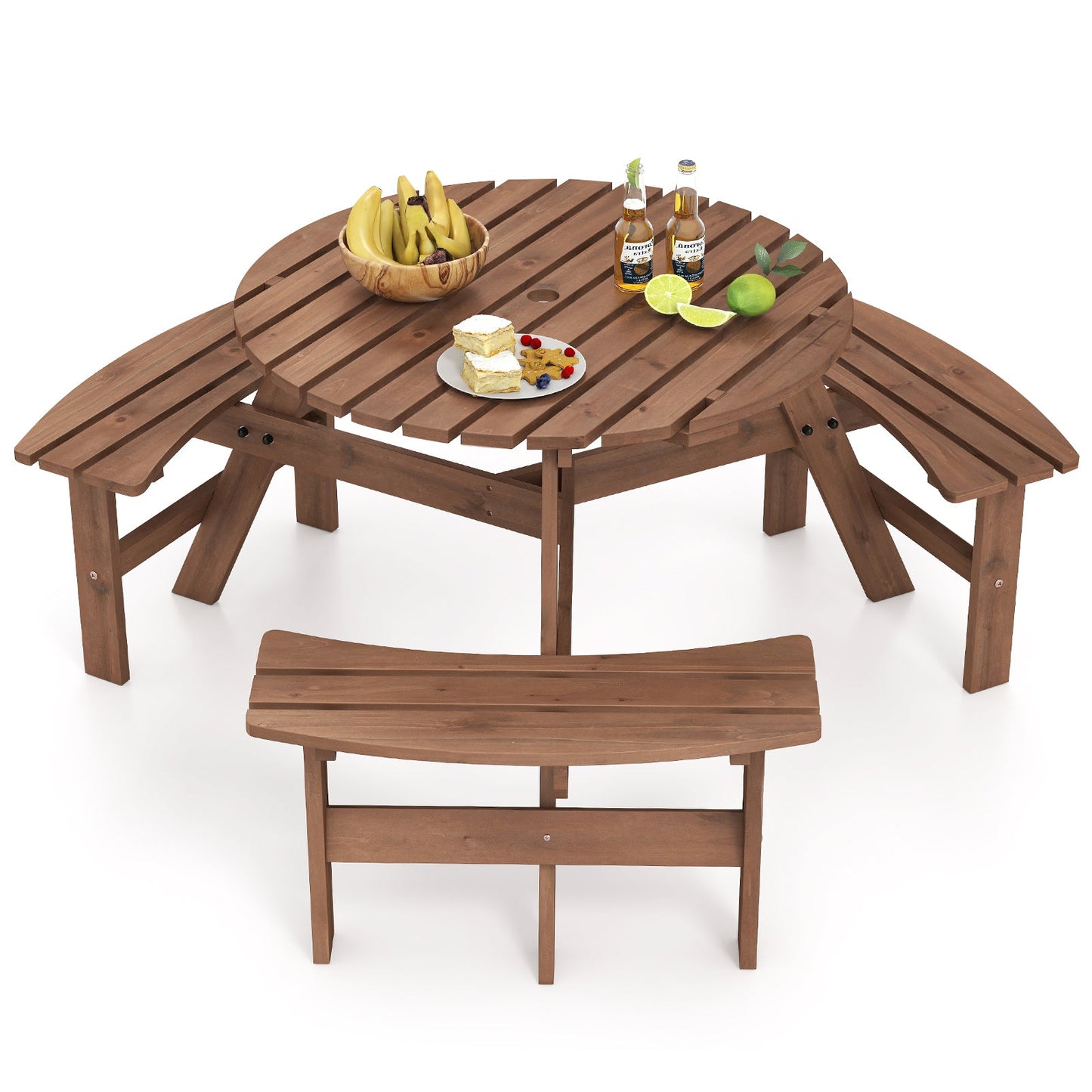 6-Person Round Picnic Table Set with 3 Built-in Benches and Umbrella Hole-Yellow