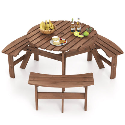 6-Person Round Picnic Table Set with 3 Built-in Benches and Umbrella Hole-Yellow