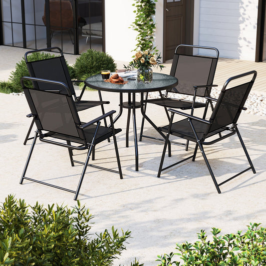6 Pieces Patio Dining Set Folding Chairs Glass Table Tilt Umbrella for Garden-Gray - Tampa Home & Garden Store