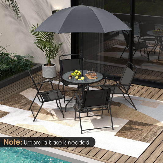 6 Pieces Patio Dining Set Folding Chairs Glass Table Tilt Umbrella for Garden-Gray - Tampa Home & Garden Store