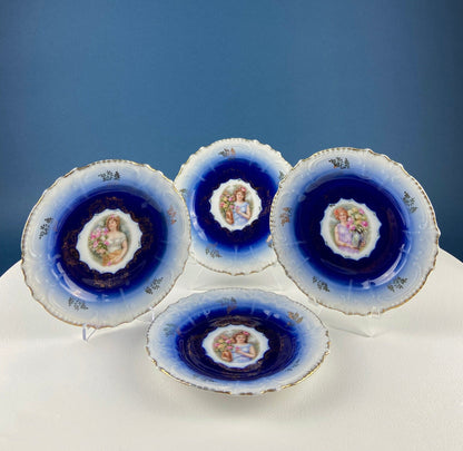6" Salad or Dessert Plates. Set of Four Antique Royal Bavarian, Hand Painted Cobalt Blue With Women Holding Flowers. Collectible Porcelain. - Tampa Home & Garden Store