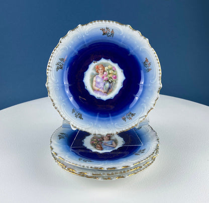 6" Salad or Dessert Plates. Set of Four Antique Royal Bavarian, Hand Painted Cobalt Blue With Women Holding Flowers. Collectible Porcelain. - Tampa Home & Garden Store