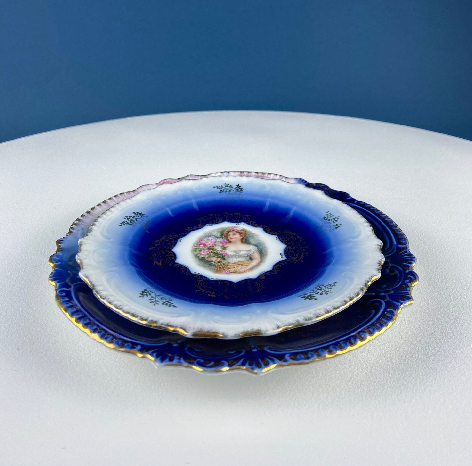 6" Salad or Dessert Plates. Set of Four Antique Royal Bavarian, Hand Painted Cobalt Blue With Women Holding Flowers. Collectible Porcelain. - Tampa Home & Garden Store