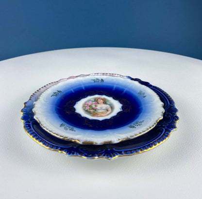6" Salad or Dessert Plates. Set of Four Antique Royal Bavarian, Hand Painted Cobalt Blue With Women Holding Flowers. Collectible Porcelain. - Tampa Home & Garden Store