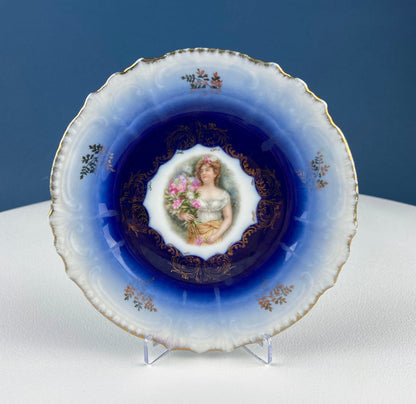 6" Salad or Dessert Plates. Set of Four Antique Royal Bavarian, Hand Painted Cobalt Blue With Women Holding Flowers. Collectible Porcelain. - Tampa Home & Garden Store