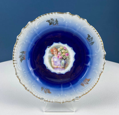 6" Salad or Dessert Plates. Set of Four Antique Royal Bavarian, Hand Painted Cobalt Blue With Women Holding Flowers. Collectible Porcelain. - Tampa Home & Garden Store