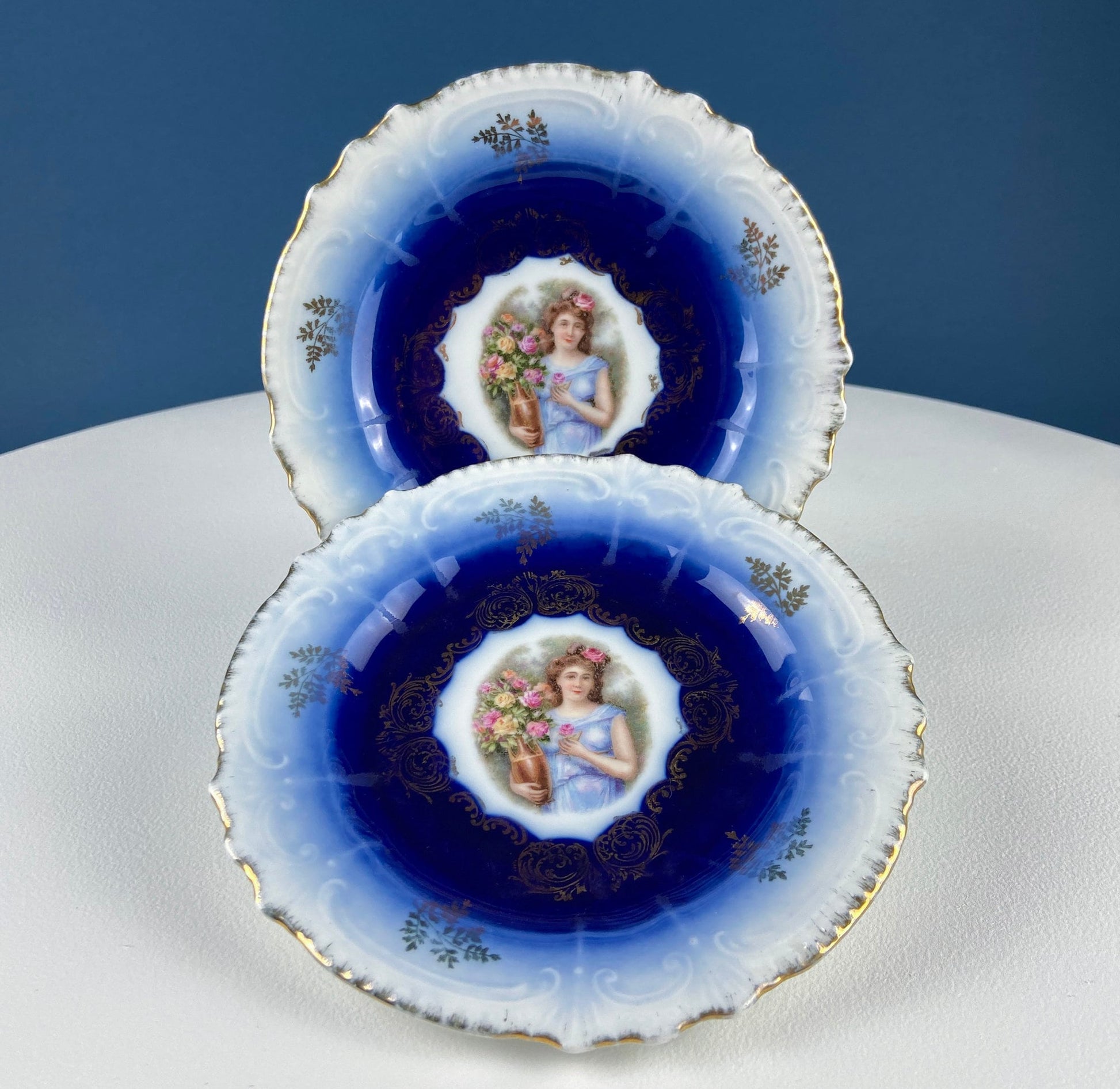 6" Salad or Dessert Plates. Set of Four Antique Royal Bavarian, Hand Painted Cobalt Blue With Women Holding Flowers. Collectible Porcelain. - Tampa Home & Garden Store