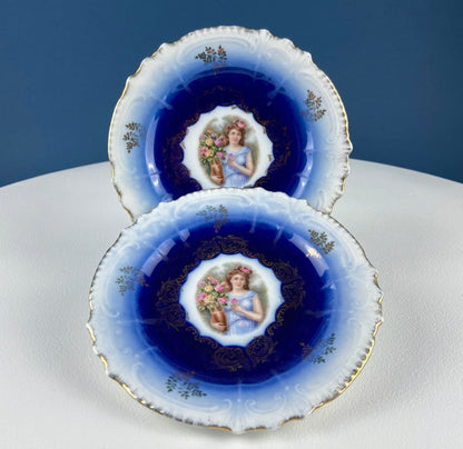 6" Salad or Dessert Plates. Set of Four Antique Royal Bavarian, Hand Painted Cobalt Blue With Women Holding Flowers. Collectible Porcelain. - Tampa Home & Garden Store
