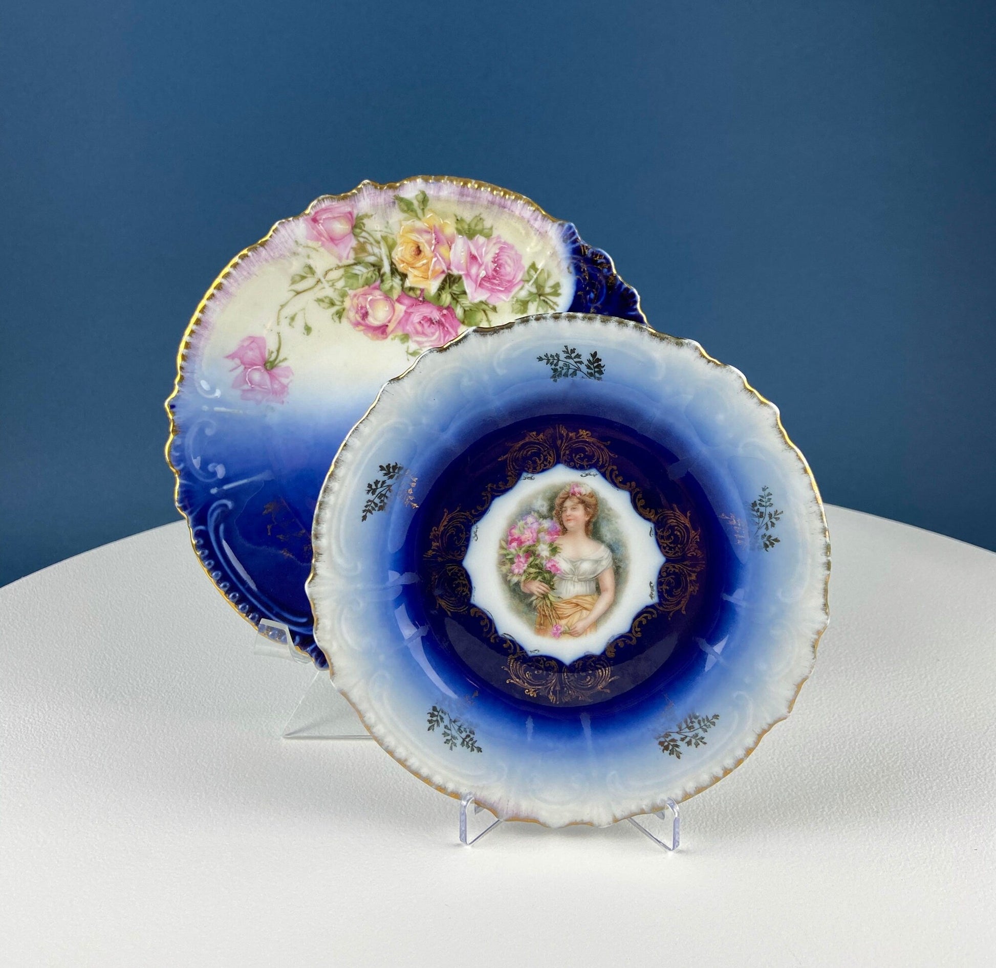 6" Salad or Dessert Plates. Set of Four Antique Royal Bavarian, Hand Painted Cobalt Blue With Women Holding Flowers. Collectible Porcelain. - Tampa Home & Garden Store
