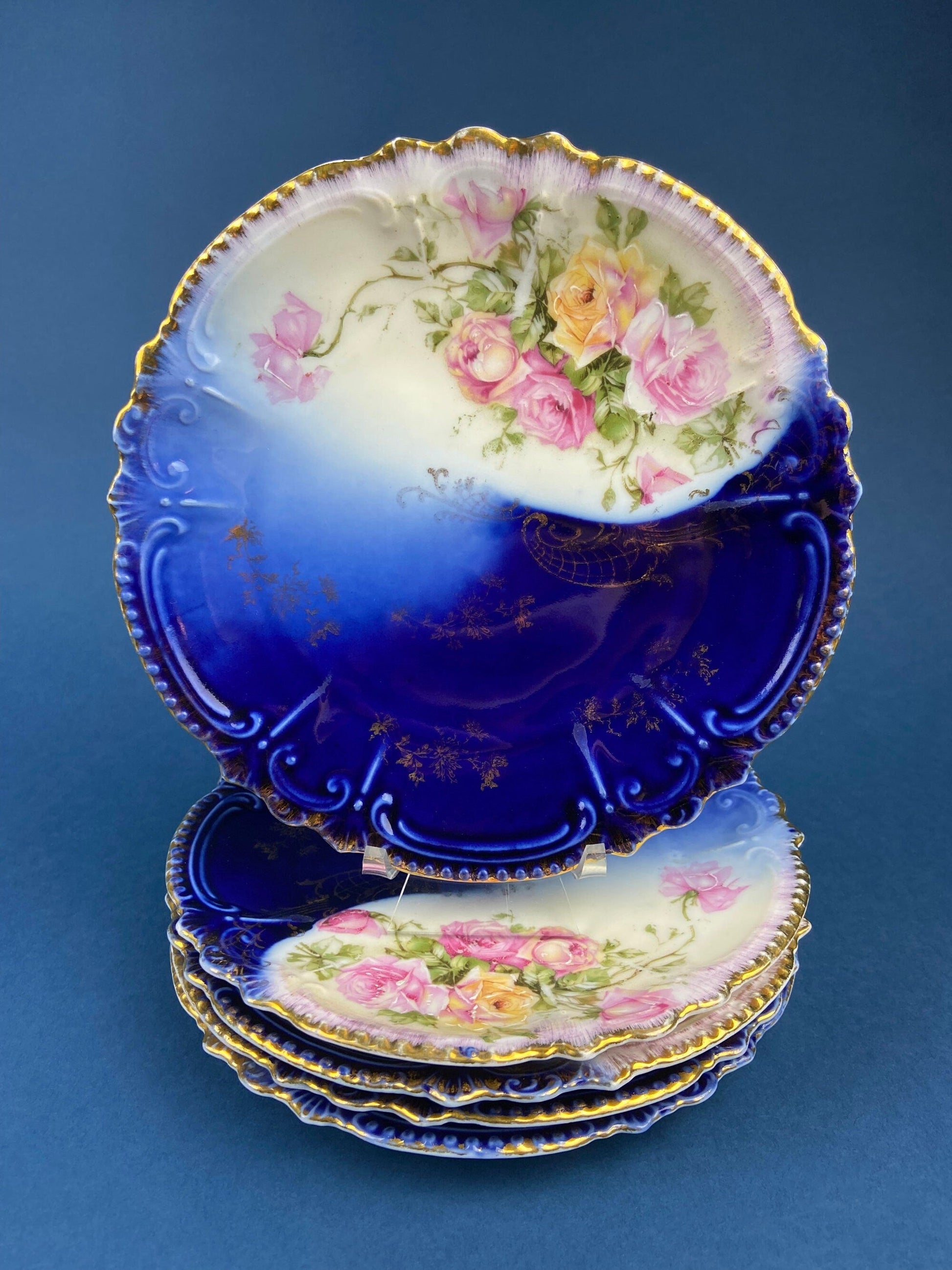 6" Salad or Dessert Plates. Set of Four Antique Royal Bavarian, Hand Painted Cobalt Blue With Women Holding Flowers. Collectible Porcelain. - Tampa Home & Garden Store