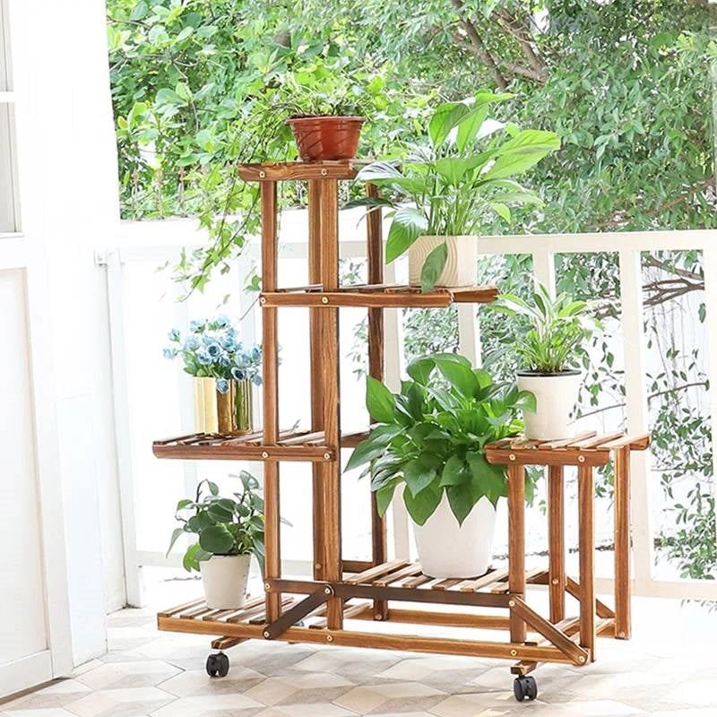 6-Shelf Portable Wooden Flower Pot Plant Stand with Locking Wheels - Tampa Home & Garden Store