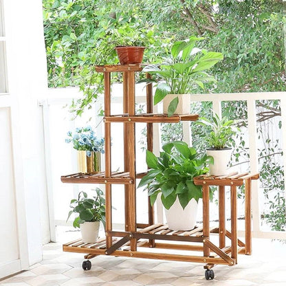 6-Shelf Portable Wooden Flower Pot Plant Stand with Locking Wheels - Tampa Home & Garden Store